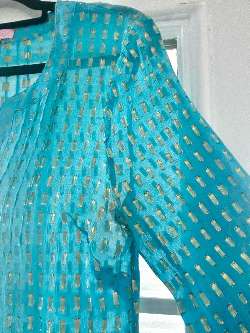Lilly Pulitzer Turquoise Blue Metallic-Print Long Sleeve Blouse - Picture 6 of 8